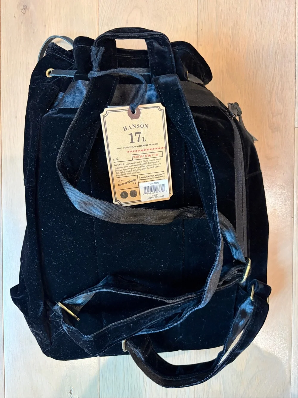 Herschel Black Velvet Drawstring Backpack